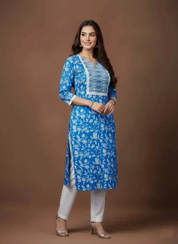 Azure_Floral_Print_Cotton_Kurta_With_Lace_Yoke