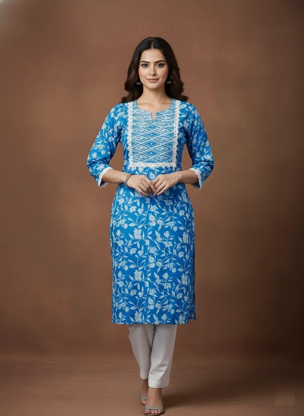 Azure_Floral_Print_Cotton_Kurta_With_Lace_Yoke