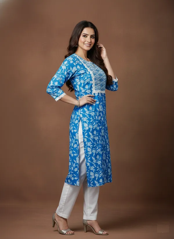 Azure_Floral_Print_Cotton_Kurta_With_Lace_Yoke