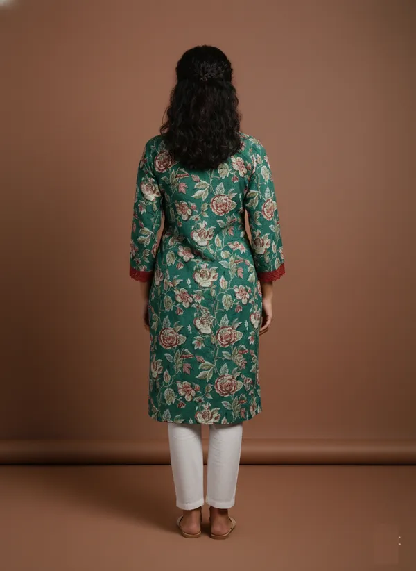 Emerald_Floral_Print_Kurta_With_Burgundy_Lace_Trim