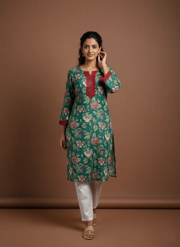 Emerald_Floral_Print_Kurta_With_Burgundy_Lace_Trim