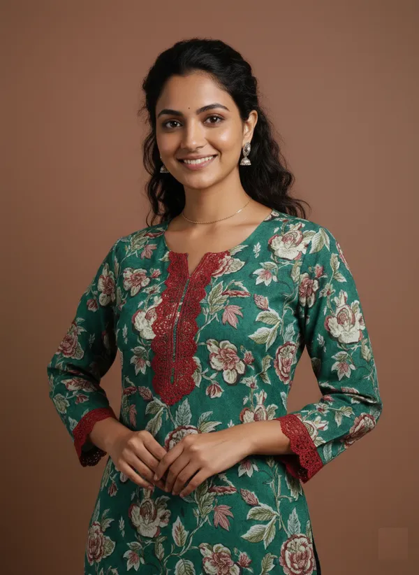 Emerald_Floral_Print_Kurta_With_Burgundy_Lace_Trim