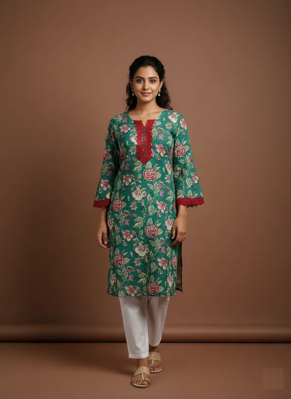 Emerald_Floral_Print_Kurta_With_Burgundy_Lace_Trim
