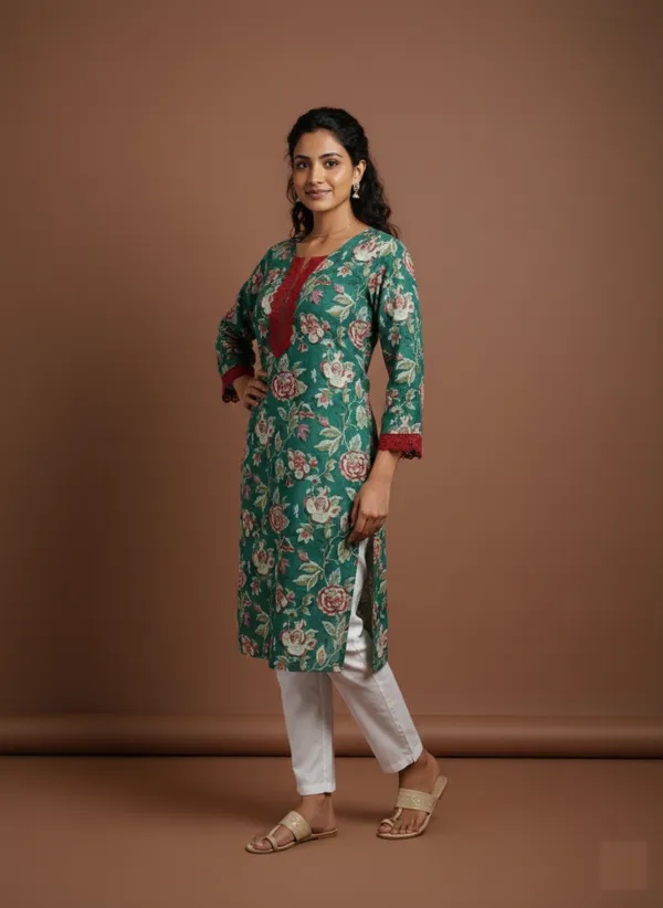 Emerald_Floral_Print_Kurta_With_Burgundy_Lace_Trim