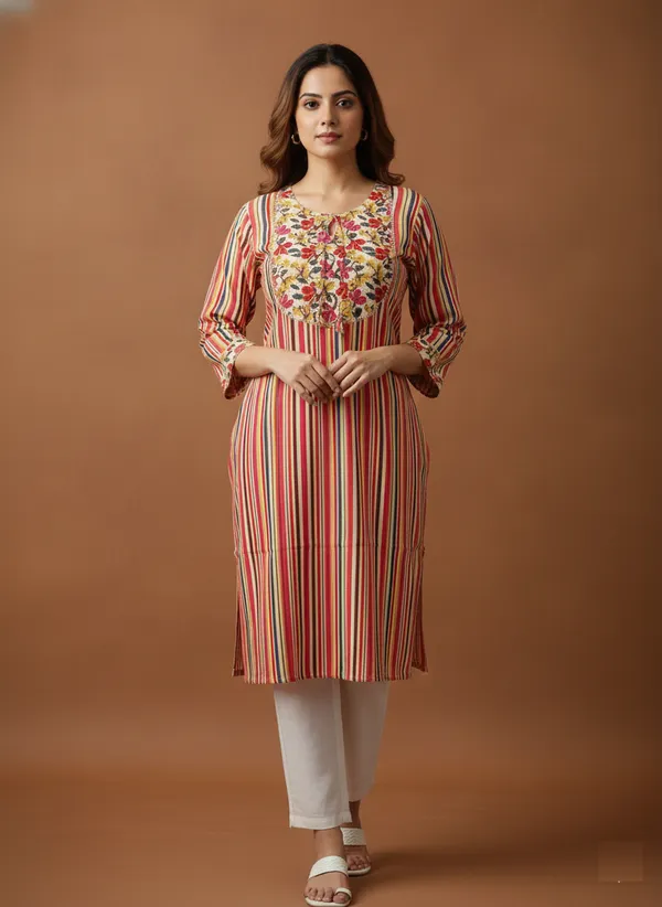 Multicolour_Striped_Cotton_Kurta_With_Floral_Yoke