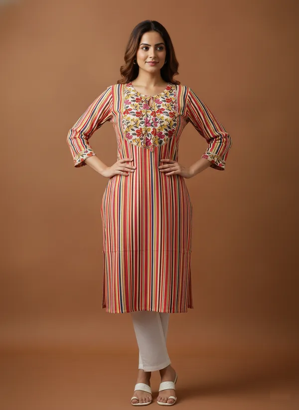 Multicolour_Striped_Cotton_Kurta_With_Floral_Yoke