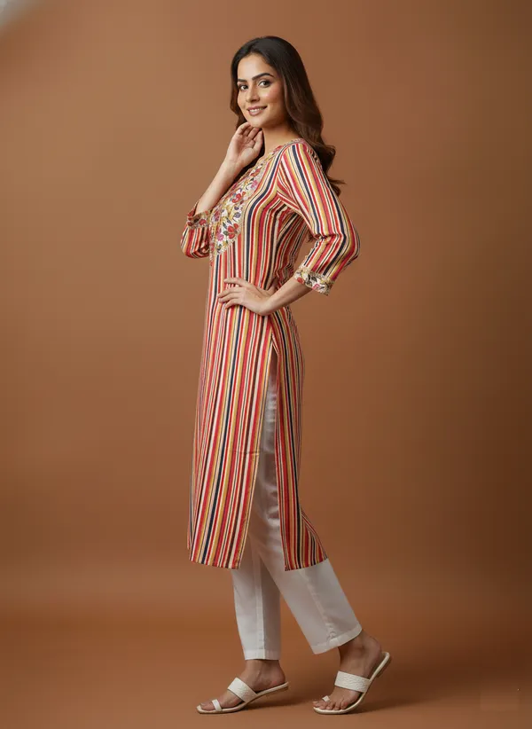 Multicolour_Striped_Cotton_Kurta_With_Floral_Yoke