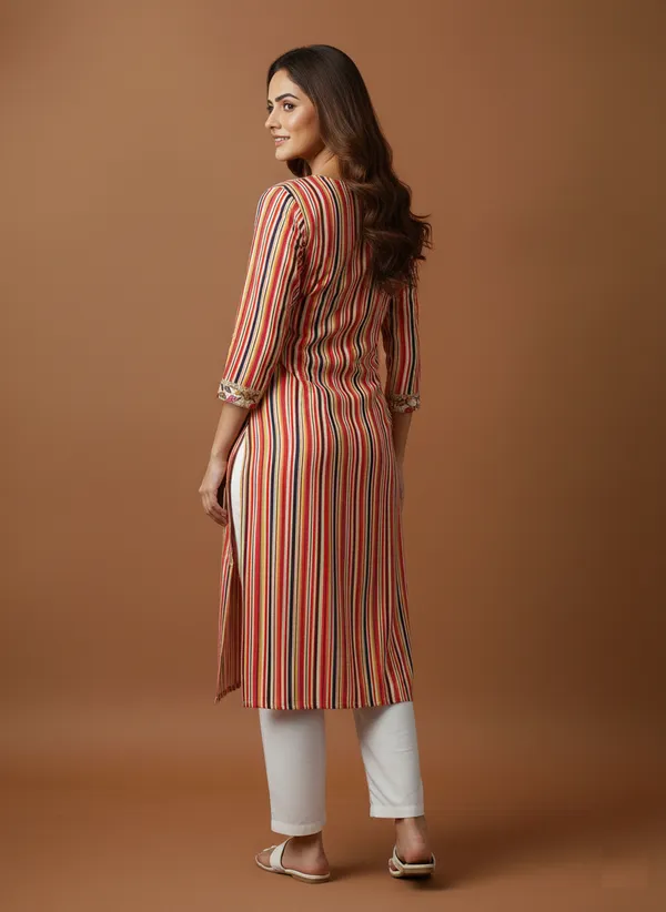 Multicolour_Striped_Cotton_Kurta_With_Floral_Yoke