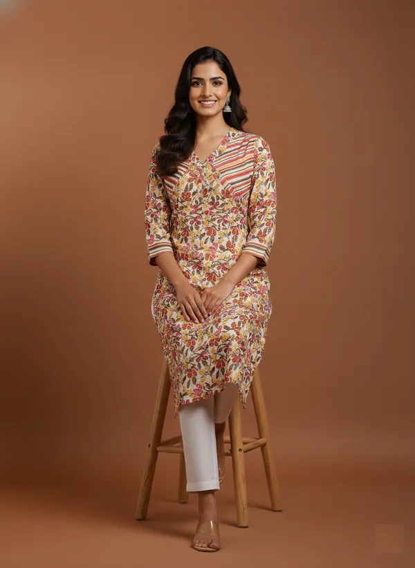Floral_Print_V-Neck_Cotton_Kurta_With_Striped_Accents
