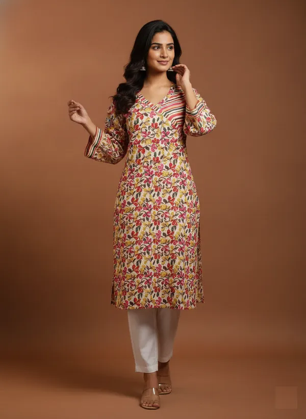 Floral_Print_V-Neck_Cotton_Kurta_With_Striped_Accents