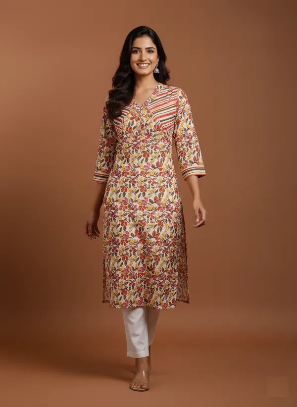 Floral_Print_V-Neck_Cotton_Kurta_With_Striped_Accents