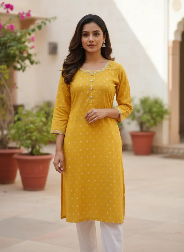 Vibrant_Mustard_Bandhani_Print_Cotton_Straight_Kurta