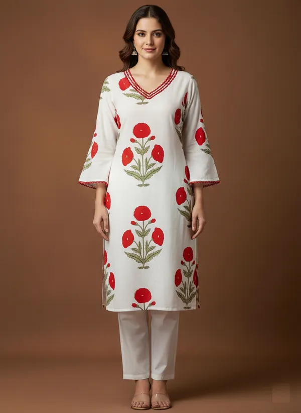 White_Cotton_Floral_Hand-Block_Print_Straight_Kurta