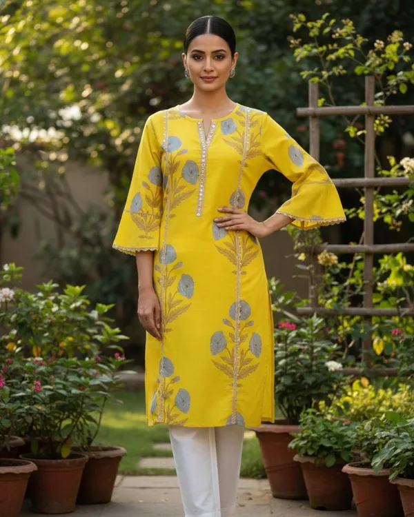 Vibrant_Yellow_Cotton_Floral_Print_Bell-Sleeve_Kurta