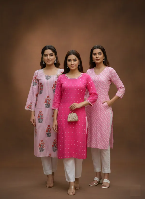Pack_Of_3_Womens_Pink_Cotton_Kurta_Combo_�_Floral,_Chevron_&_Polka_Dot_Prints