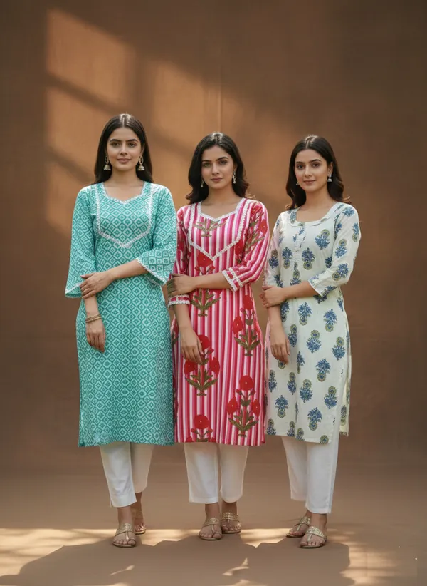The_Artisanal_Summer_Trio:_Set_Of_3_Handblock-Inspired_Cotton_Kurtas_In_Refreshing_Pastels_And_Vibrant_Prints