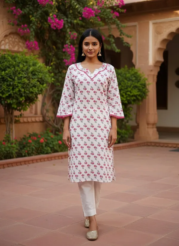 Elegant_Floral_Print_Cotton_Straight_Kurta_In_White_And_Pink