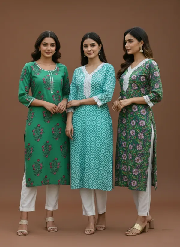 Womens_Cotton_Floral_Print_Kurta_Combo_(Pack_Of_3)_-_Teal,_Emerald_&_Forest_Green_Ethnic_Tunic_Set_With_Lace_Detailing