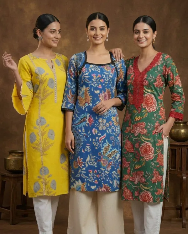 Womens_Printed_Cotton_Kurta_Combo_(Pack_Of_3)_-_Floral_&_Ethnic_Motifs_In_Yellow,_Blue,_And_Green
