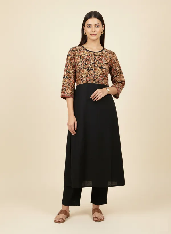 Balck_A-Line_Kurta_With_Printed_Empire_Line_Design