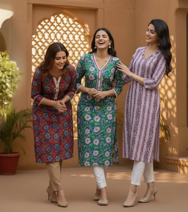 Ethnic_Elegance_Combo:_Set_Of_3_Anarkali_And_Straight_Kurtas_With_Embroidered_V-Necks.