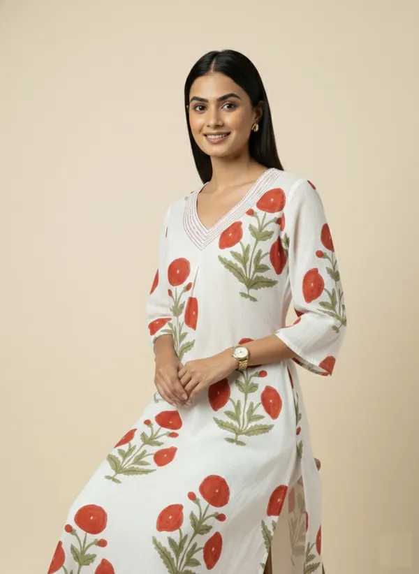 Red_Floral_Buta_On_White_Cotton_A-Line_Kurta