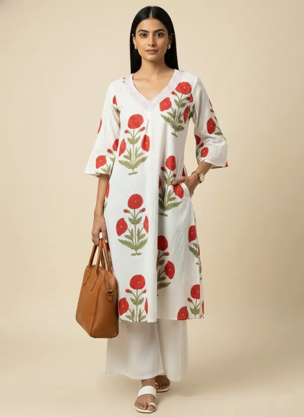 Red_Floral_Buta_On_White_Cotton_A-Line_Kurta