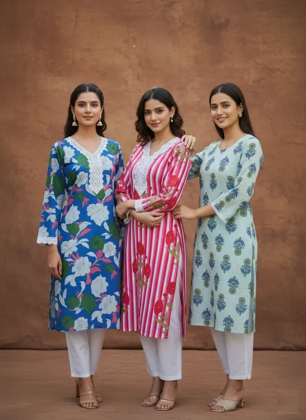 The_Everyday_Elegance_Collection:_Set_Of_3_Pastel_&_Vibrant_Straight_Kurtas_In_Breathable_Cotton