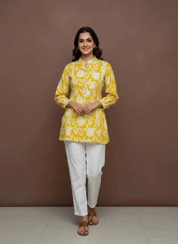 Mustard_Printed_Short_Kurti_With_Collar