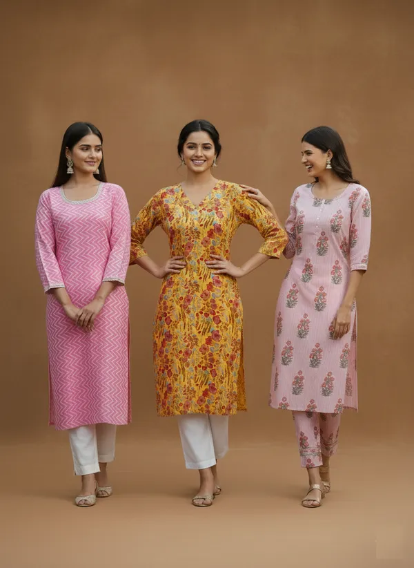 Pack_Of_3_Womens_Cotton_Printed_Straight_Kurta_Combo_-_Pink_Chevron,_Yellow_Floral,_And_Blush_Pink_Butta_Prints
