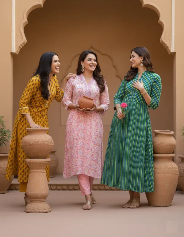The_Trio_Collection:_Pack_Of_3_Cotton_Printed_Kurtas_�_Mustard_Floral,_Pastel_Pink_Paisley,_And_Teal_Stripes.