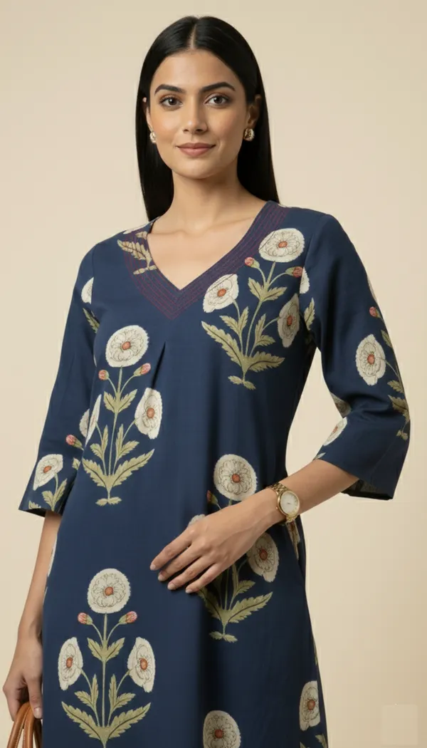 Off_White_Floral_Buta_On_Navy_Blue_Cotton_A-Line_Kurta