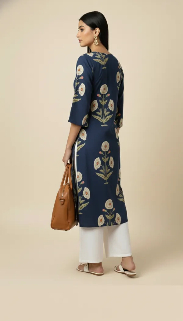 Off_White_Floral_Buta_On_Navy_Blue_Cotton_A-Line_Kurta