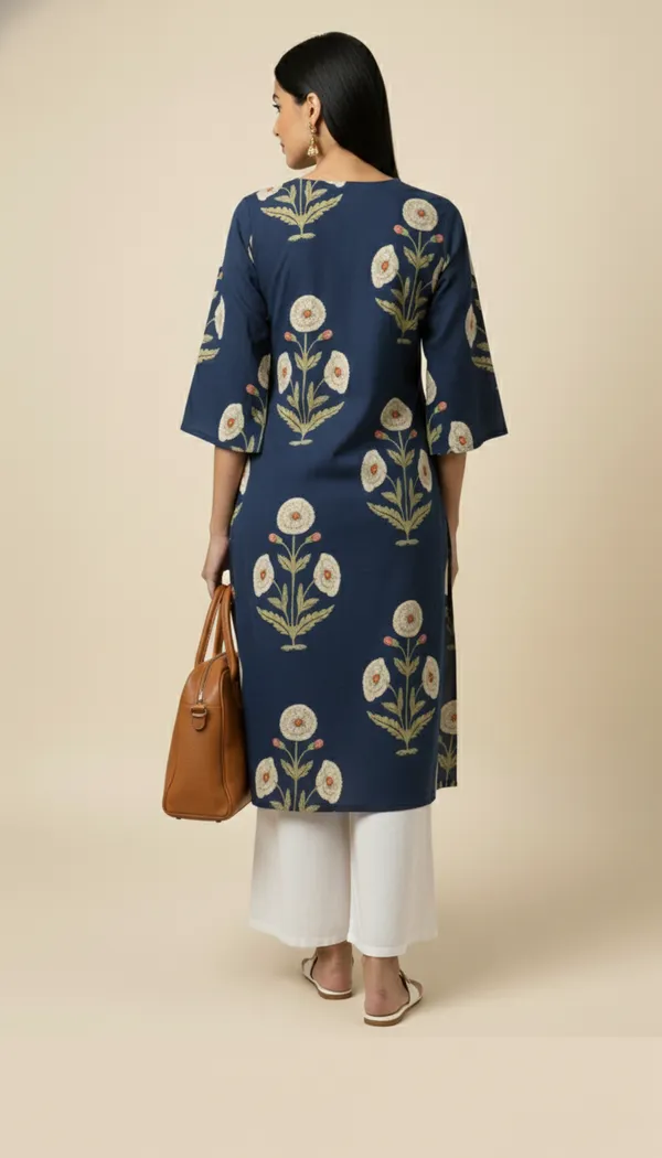 Off_White_Floral_Buta_On_Navy_Blue_Cotton_A-Line_Kurta