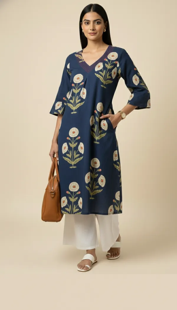 Off_White_Floral_Buta_On_Navy_Blue_Cotton_A-Line_Kurta