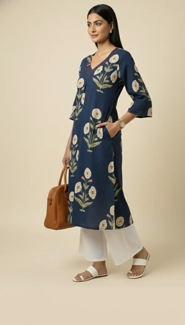 Off_White_Floral_Buta_On_Navy_Blue_Cotton_A-Line_Kurta