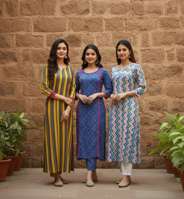 Premium_Selection:_Pack_Of_3_Traditional_Printed_Kurtas:_Mustard_Floral,_Pastel_Pink_Paisley,_And_Teal_Green_Stripes.
