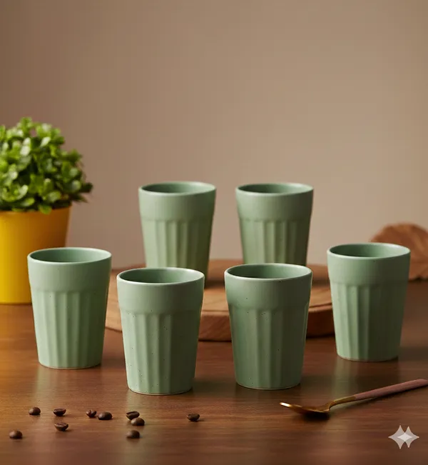 IZZYLYF_Ceramic_Cutting_Tea_Cups_|_Green_|_Chai_Cups_for_Tea,_Coffee_&_Milk_|_Pottery_Style_Ceramic_Mugs_|_Microwave_&_Dishwasher_Safe_|_Hot_&_Cold_Beverages_|_150_Ml_|_Pack_of_6