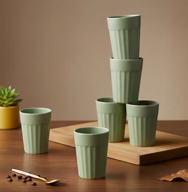 IZZYLYF_Ceramic_Cutting_Tea_Cups_|_Green_|_Chai_Cups_for_Tea,_Coffee_&_Milk_|_Pottery_Style_Ceramic_Mugs_|_Microwave_&_Dishwasher_Safe_|_Hot_&_Cold_Beverages_|_150_Ml_|_Pack_of_6