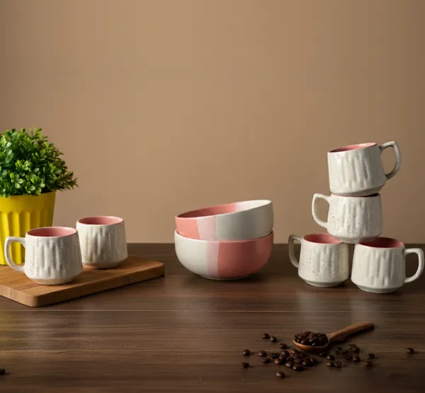IZZYLYF_Pink_Ceramic_Snack_Bowl_&_Tea_Cup_Combo_|_2_Bowls_+_6_Tea_Cups(Fringe)_|_Microwave_&_Dishwasher_Safe_|_Multipurpose_Combo_for_Coffee,_Snacking,_Diwali_Gifting