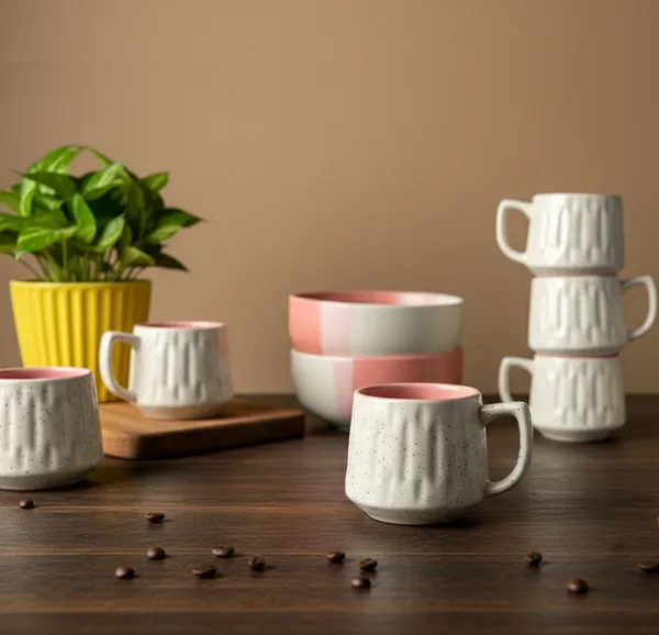 IZZYLYF_Pink_Ceramic_Snack_Bowl_&_Tea_Cup_Combo_|_2_Bowls_+_6_Tea_Cups(Fringe)_|_Microwave_&_Dishwasher_Safe_|_Multipurpose_Combo_for_Coffee,_Snacking,_Diwali_Gifting