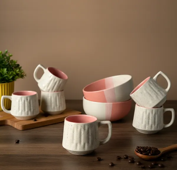 IZZYLYF_Pink_Ceramic_Snack_Bowl_&_Tea_Cup_Combo_|_2_Bowls_+_6_Tea_Cups(Fringe)_|_Microwave_&_Dishwasher_Safe_|_Multipurpose_Combo_for_Coffee,_Snacking,_Diwali_Gifting