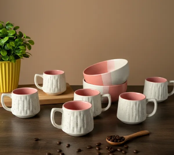 IZZYLYF_Pink_Ceramic_Snack_Bowl_&_Tea_Cup_Combo_|_2_Bowls_+_6_Tea_Cups(Fringe)_|_Microwave_&_Dishwasher_Safe_|_Multipurpose_Combo_for_Coffee,_Snacking,_Diwali_Gifting