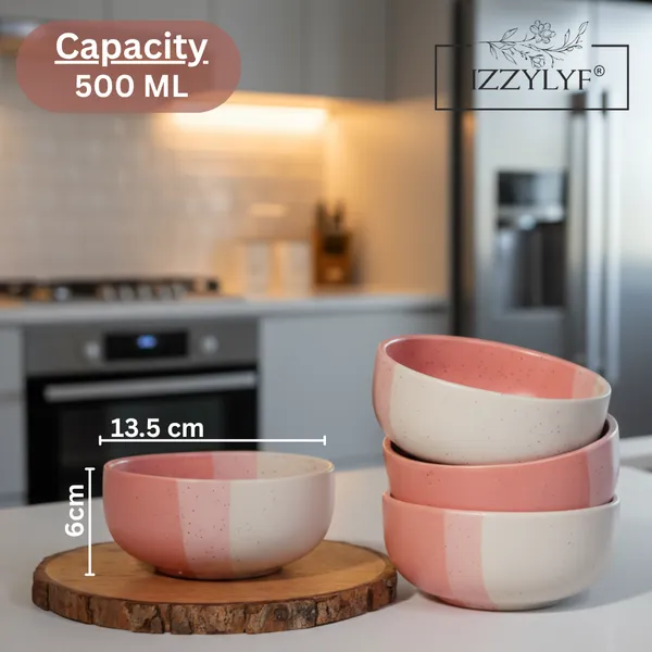 IZZYLYF_Pink_Ceramic_Snack_Bowl_&_Tea_Cup_Combo_|_2_Bowls_+_6_Tea_Cups(Fringe)_|_Microwave_&_Dishwasher_Safe_|_Multipurpose_Combo_for_Coffee,_Snacking,_Diwali_Gifting