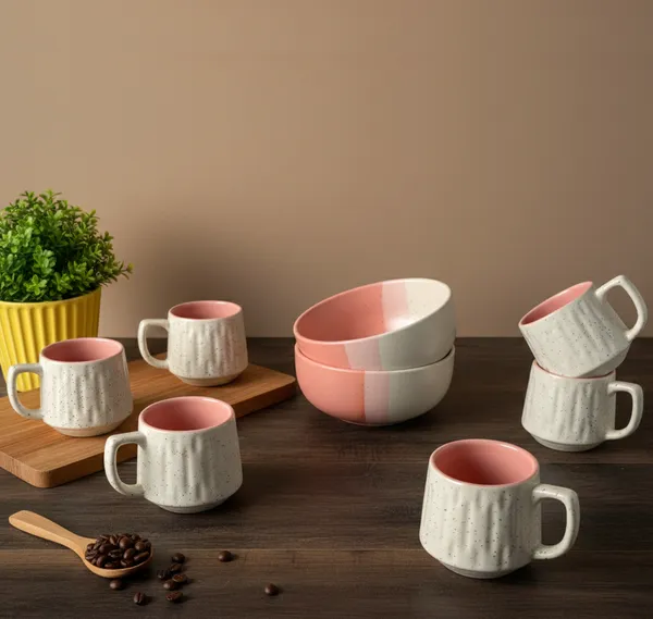 IZZYLYF_Pink_Ceramic_Snack_Bowl_&_Tea_Cup_Combo_|_2_Bowls_+_6_Tea_Cups(Fringe)_|_Microwave_&_Dishwasher_Safe_|_Multipurpose_Combo_for_Coffee,_Snacking,_Diwali_Gifting