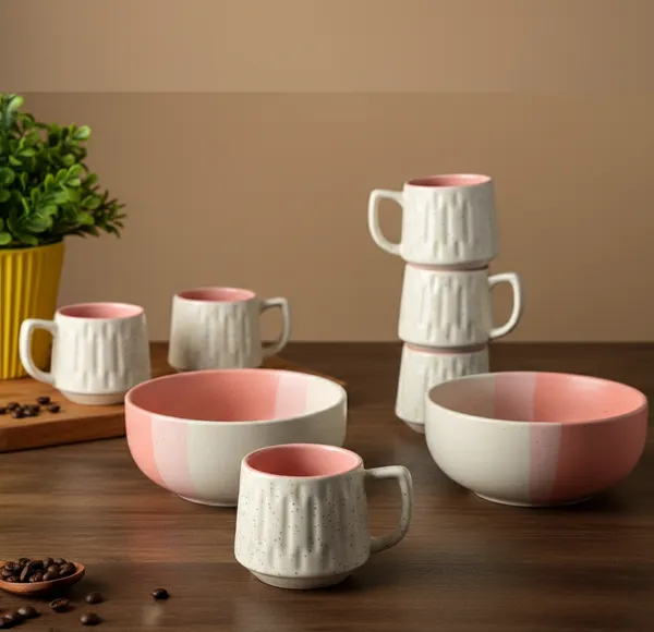 IZZYLYF_Pink_Ceramic_Snack_Bowl_&_Tea_Cup_Combo_|_2_Bowls_+_6_Tea_Cups(Fringe)_|_Microwave_&_Dishwasher_Safe_|_Multipurpose_Combo_for_Coffee,_Snacking,_Diwali_Gifting
