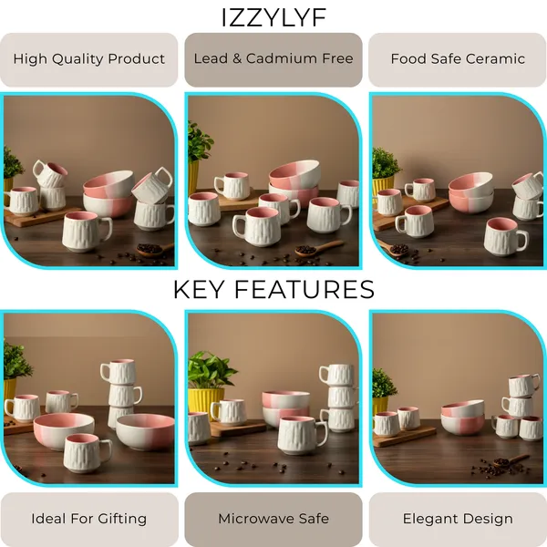 IZZYLYF_Pink_Ceramic_Snack_Bowl_&_Tea_Cup_Combo_|_2_Bowls_+_6_Tea_Cups(Fringe)_|_Microwave_&_Dishwasher_Safe_|_Multipurpose_Combo_for_Coffee,_Snacking,_Diwali_Gifting