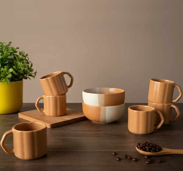 IZZYLYF_Brown_Ceramic_Snack_Bowl_&_Tea_Cup_Combo_|_2_Bowls_+_6_Tea_Cups(Fringe)_|_Microwave_&_Dishwasher_Safe_|_Multipurpose_Combo_for_Coffee,_Snacking,_Diwali_Gifting