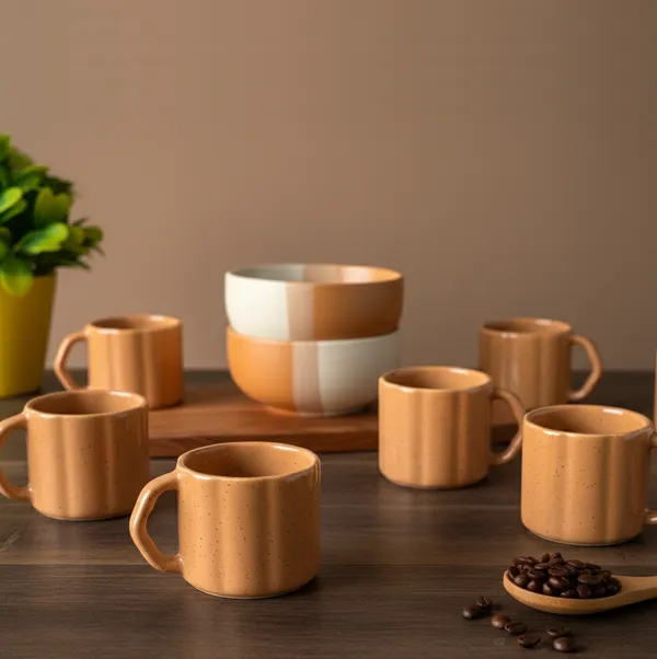 IZZYLYF_Brown_Ceramic_Snack_Bowl_&_Tea_Cup_Combo_|_2_Bowls_+_6_Tea_Cups(Fringe)_|_Microwave_&_Dishwasher_Safe_|_Multipurpose_Combo_for_Coffee,_Snacking,_Diwali_Gifting