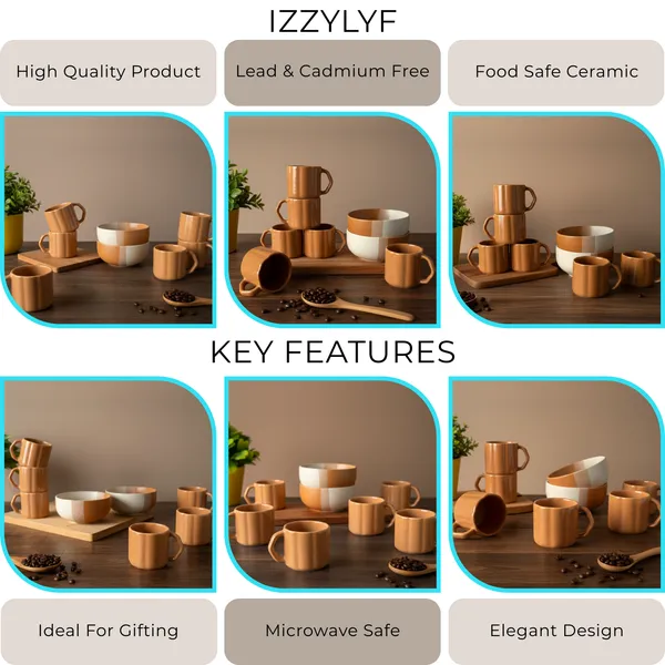 IZZYLYF_Brown_Ceramic_Snack_Bowl_&_Tea_Cup_Combo_|_2_Bowls_+_6_Tea_Cups(Fringe)_|_Microwave_&_Dishwasher_Safe_|_Multipurpose_Combo_for_Coffee,_Snacking,_Diwali_Gifting